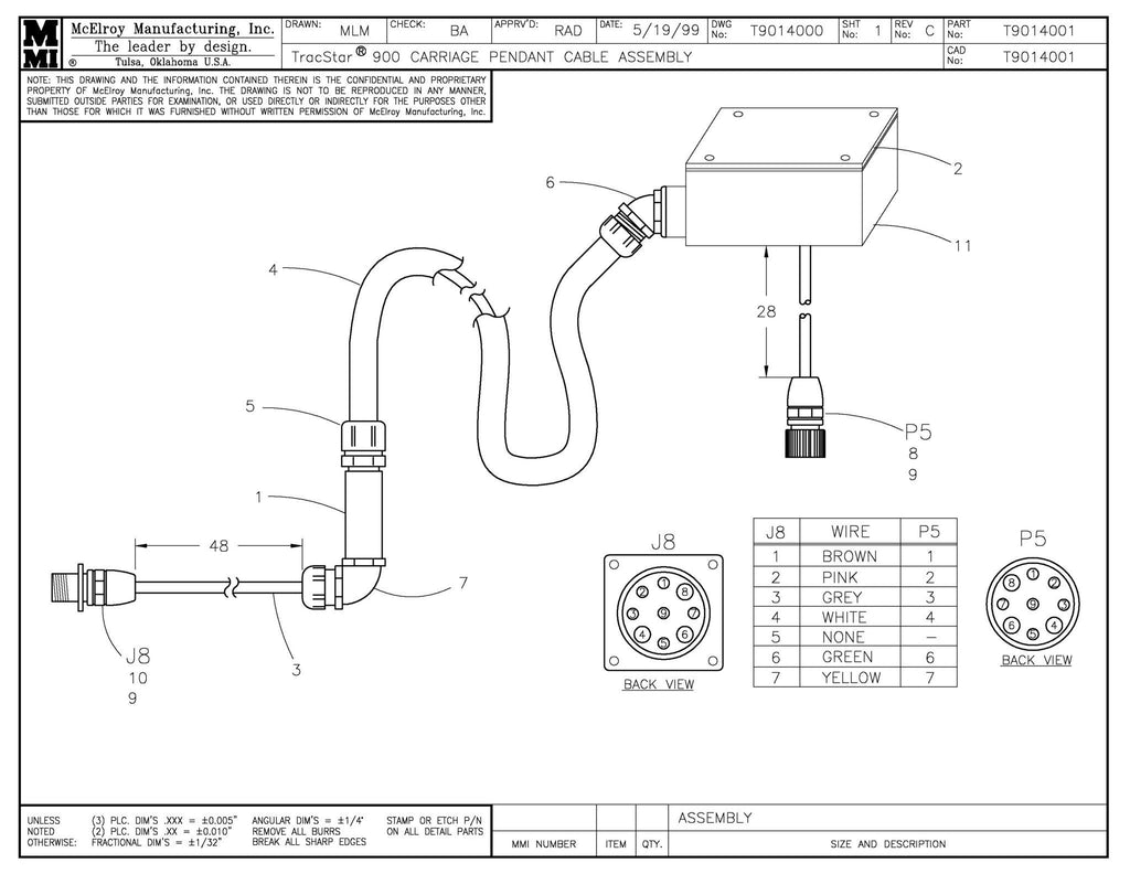 T900 carriage pndnt cable assy